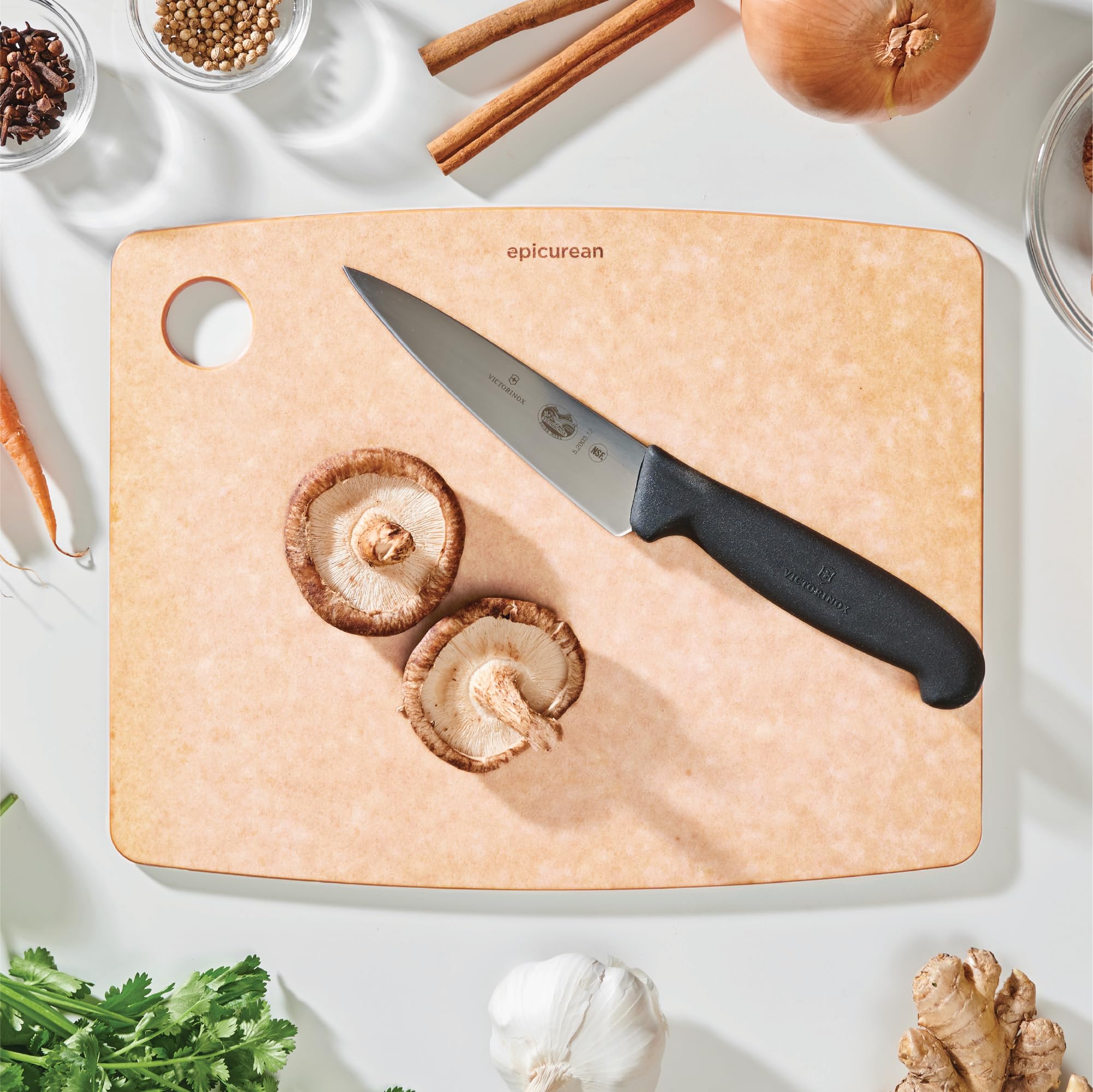 Epicurean cutting board natural side view emphasizing slim profile for easy storage