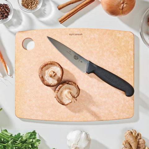 Epicurean cutting board natural side view emphasizing slim profile for easy storage