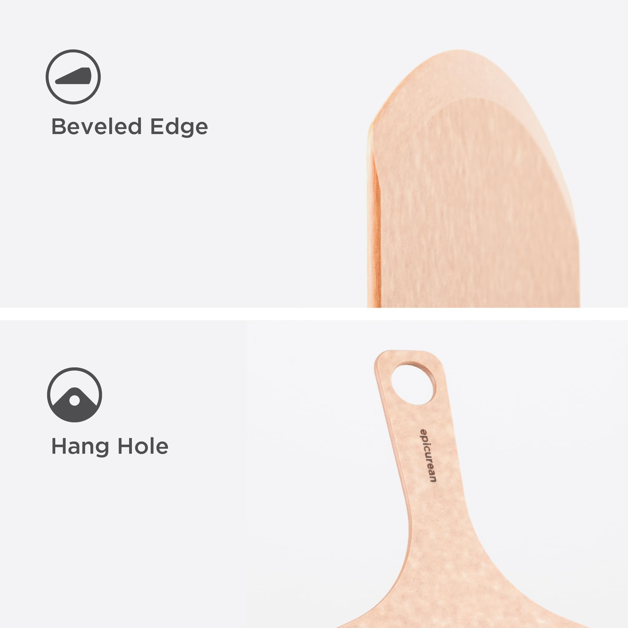 Epicurean pizza peel resists heat up to 350°F during oven transfer