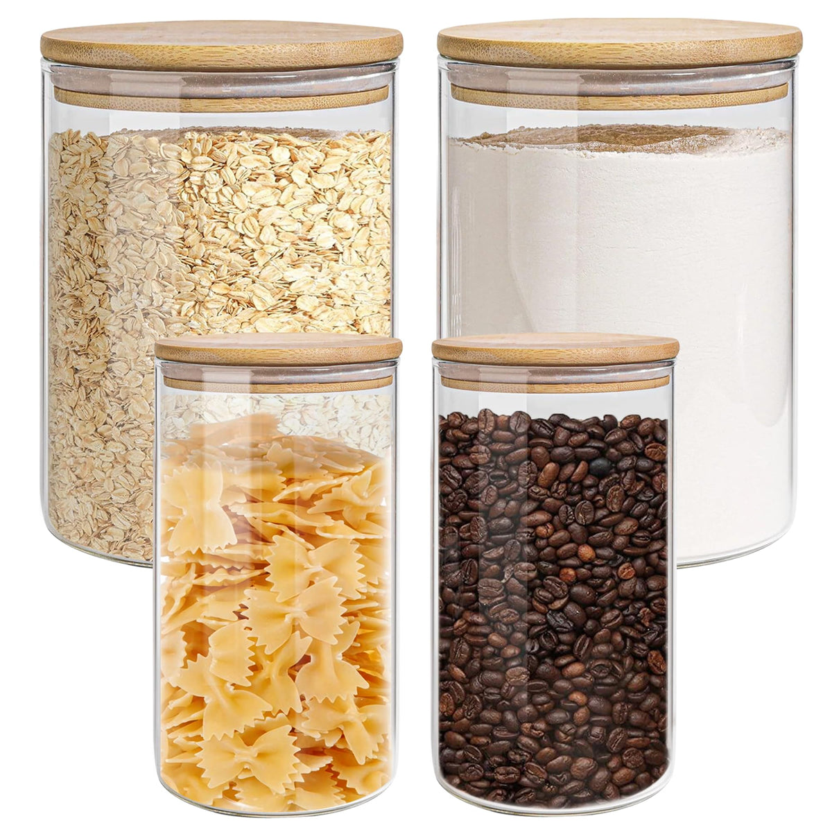EQEY glass storage jars with airtight bamboo lids, showing organized pantry staples.