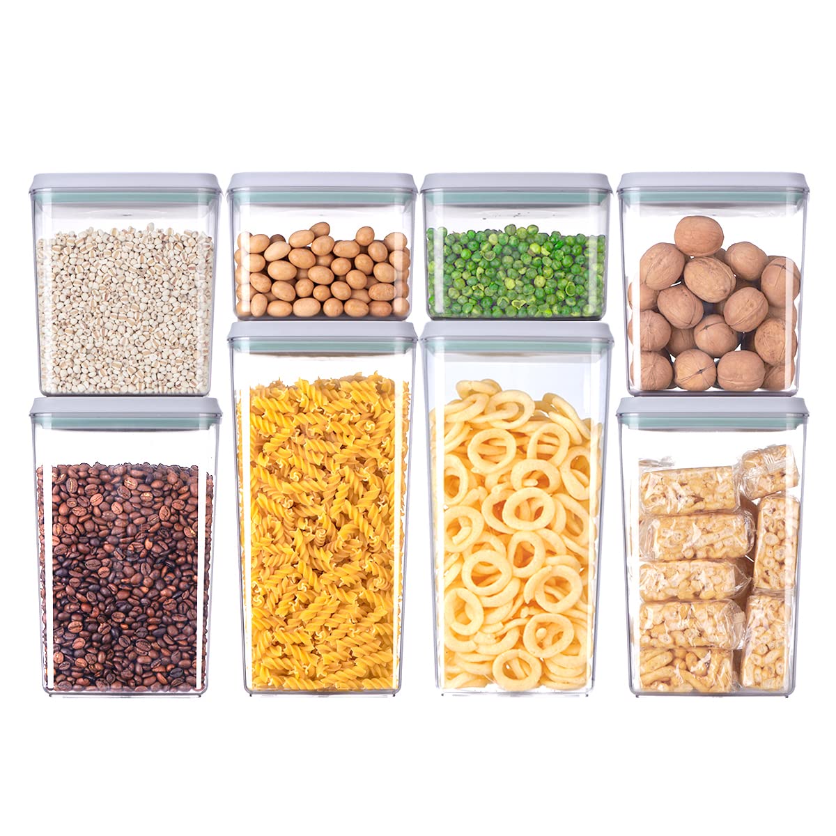 EQI 8-piece stackable lids on pantry containers keep cereals fresh and organized.