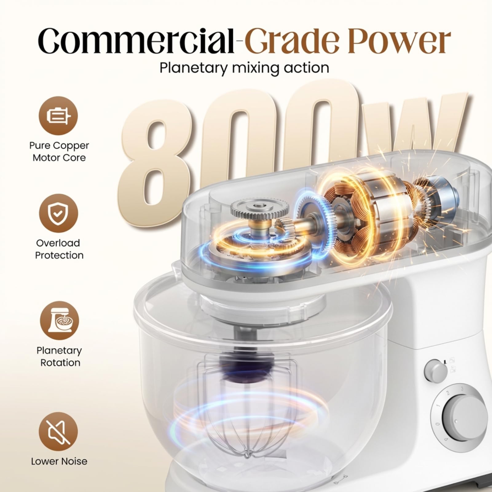 EQTLVFH 800W stand mixer with 5.3qt bowl interior for large batches.