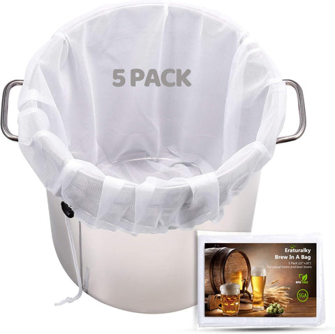 Eraturalky 5-pack brew bags with drawstring for spill-free brewing.