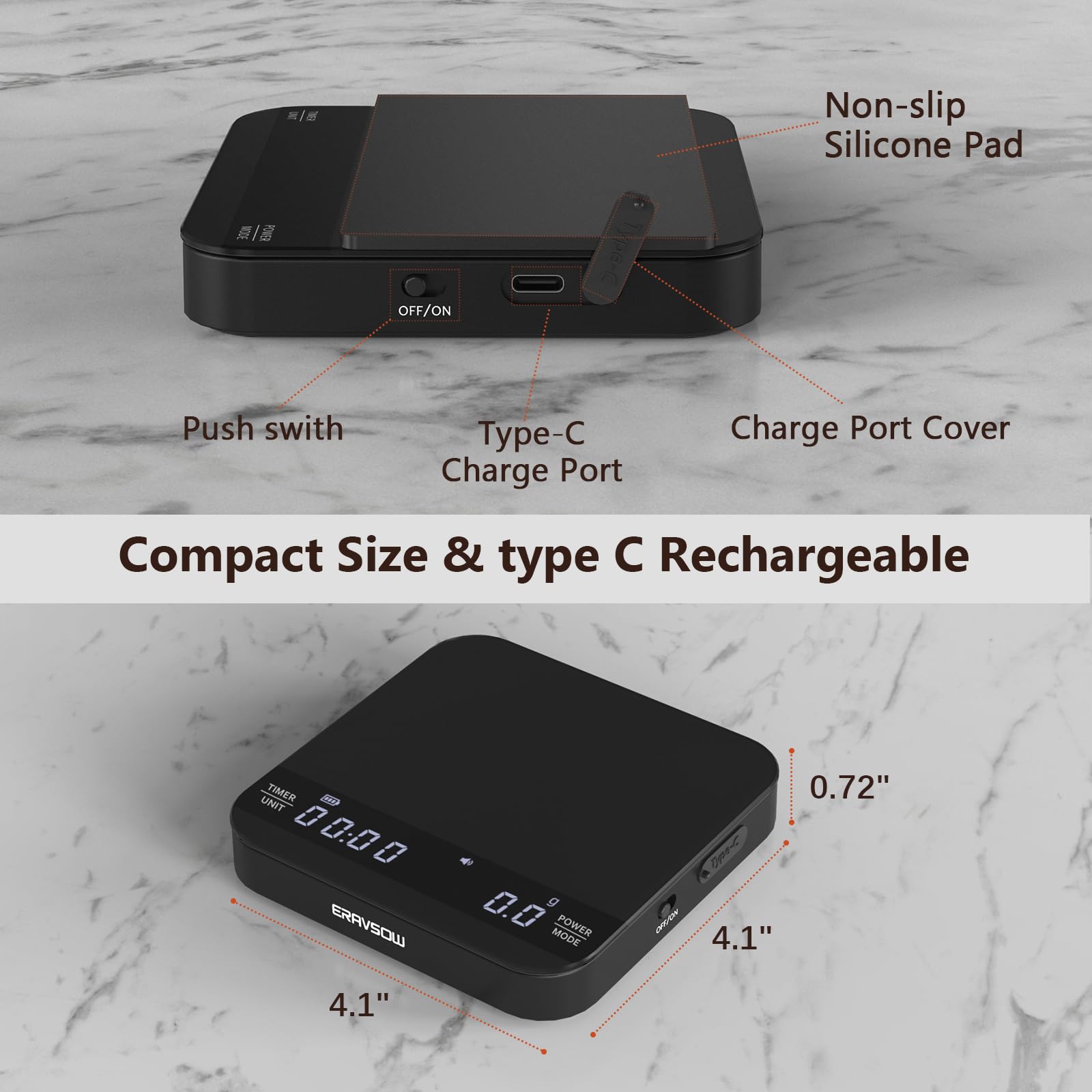 ERAVSOW Coffee Scale display closeup highlights precise readings for accurate dosing.