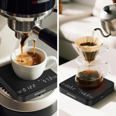 ERAVSOW Coffee Scale durable tempered glass surface resists heat and daily wear.