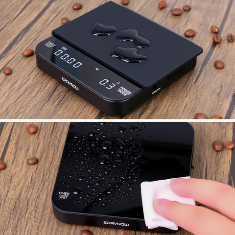 ERAVSOW Coffee Scale flow-rate mode helps monitor brew ratios.