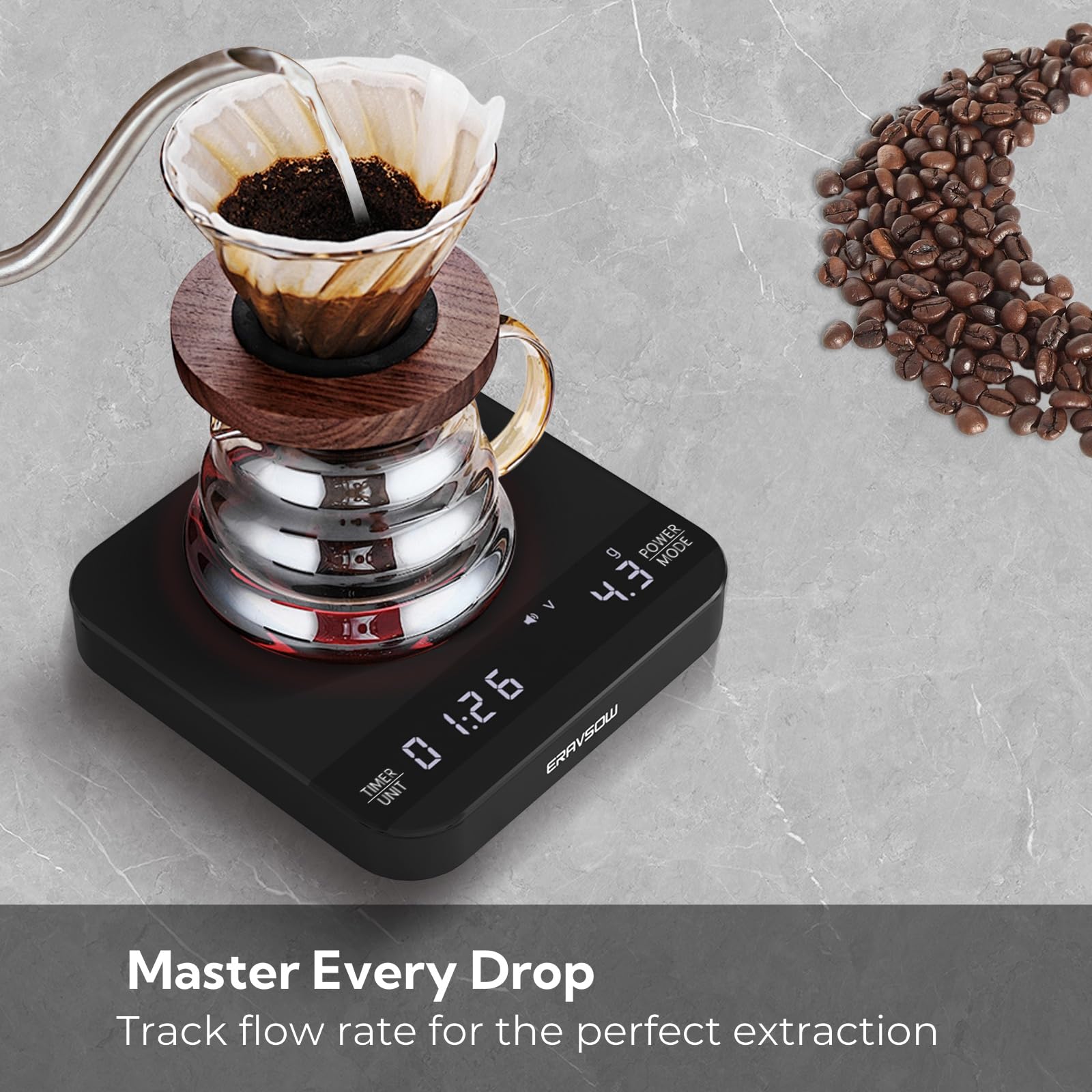 ERAVSOW Coffee Scale portable size fits under machines and travels easily.