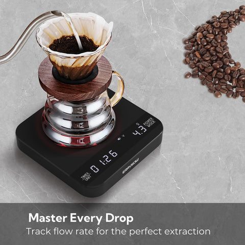 ERAVSOW Coffee Scale portable size fits under machines and travels easily.