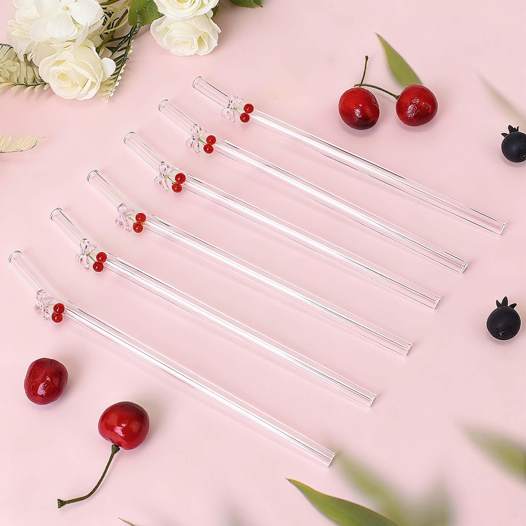 Eremaoy Cherry Bow glass straw charm closeup highlighting intricate glass detail.