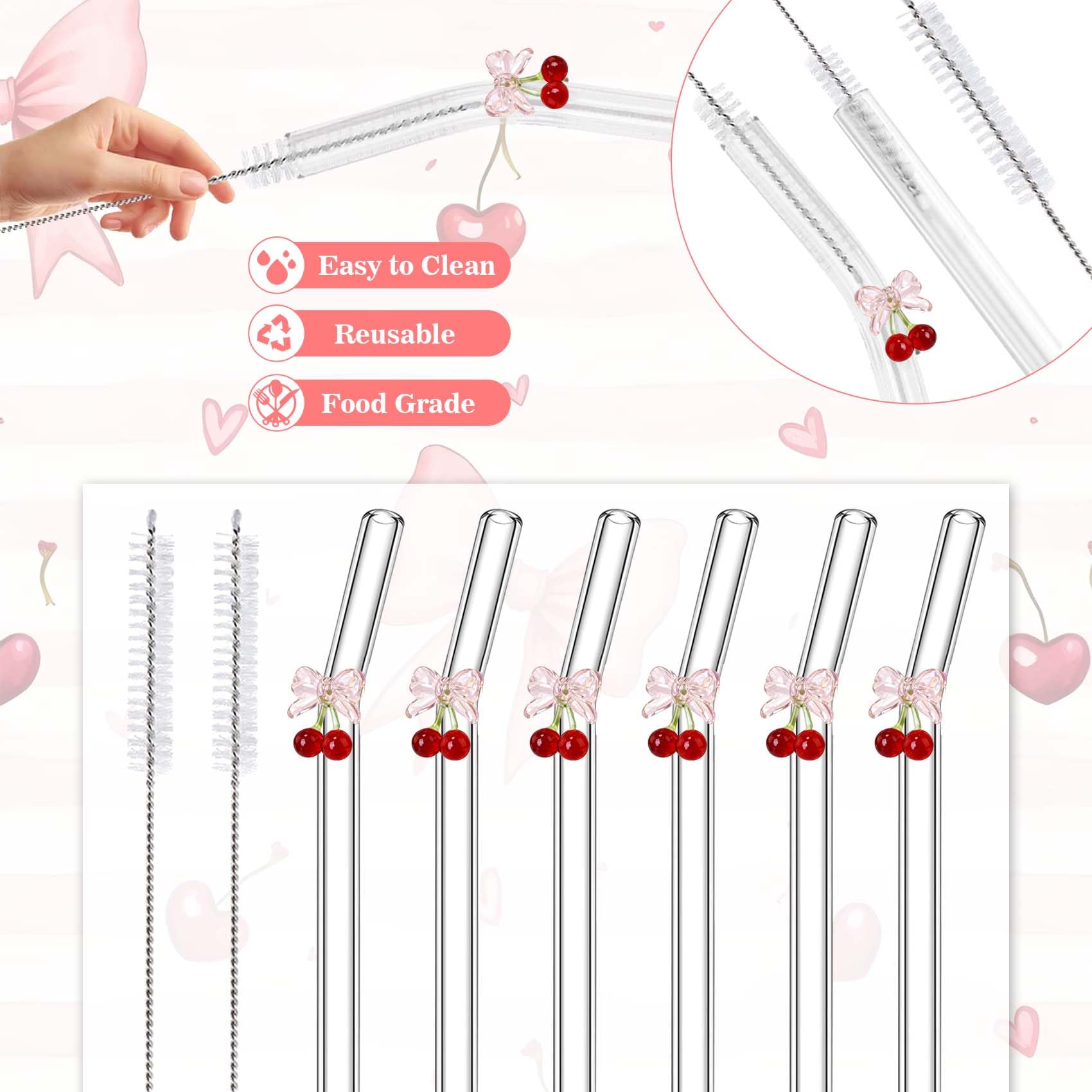Eremaoy Cherry Bow glass straw cleaning brush included for easy care.