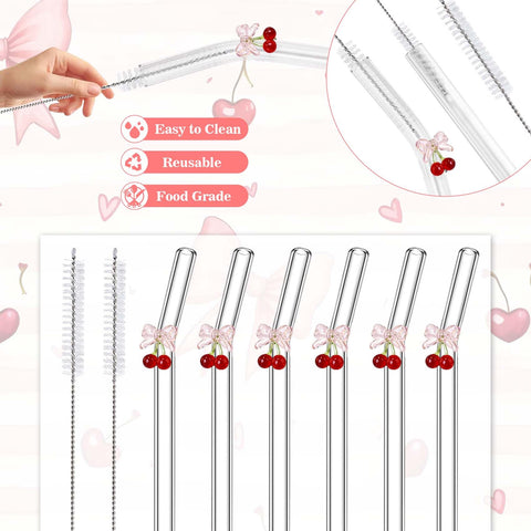 Eremaoy Cherry Bow glass straw cleaning brush included for easy care.
