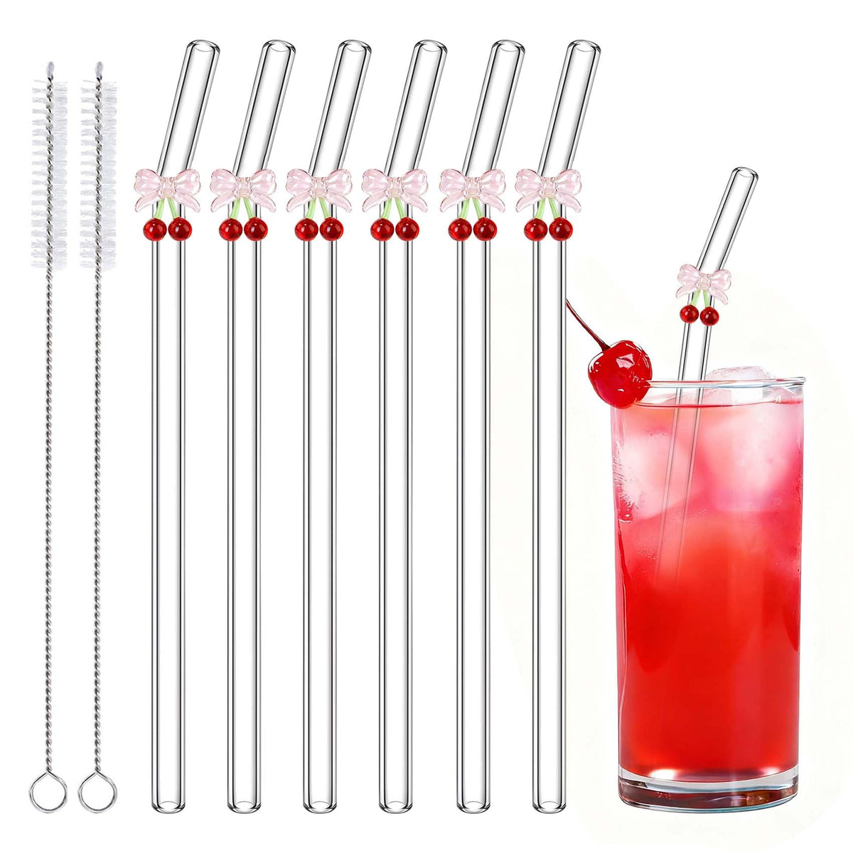 Eremaoy Cherry Bow glass straw packshot showcasing reusable elegance for drinks.