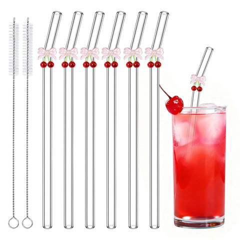 Eremaoy Cherry Bow glass straw packshot showcasing reusable elegance for drinks.