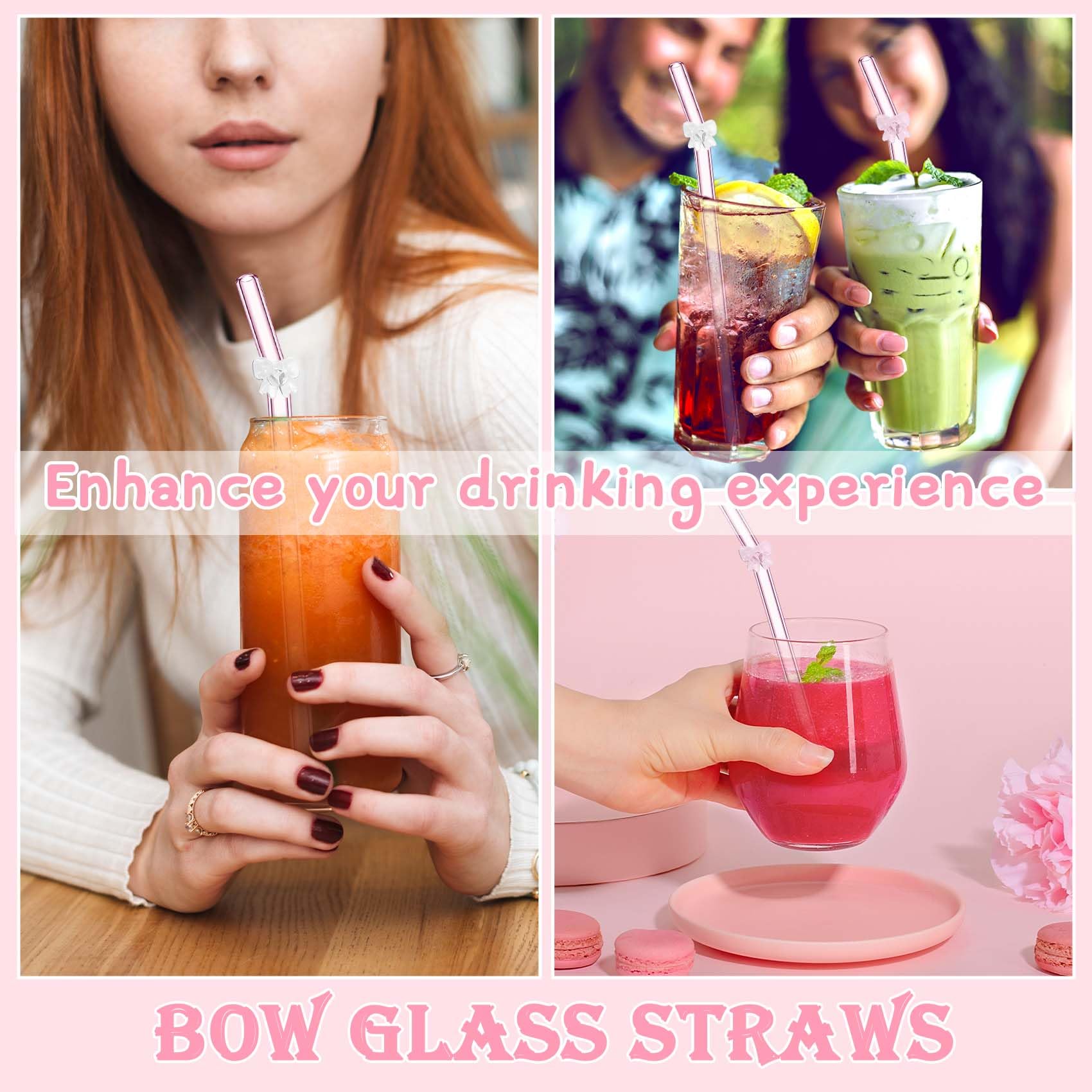 Packaging shows six pink bow glass straws and brushes for gifting.