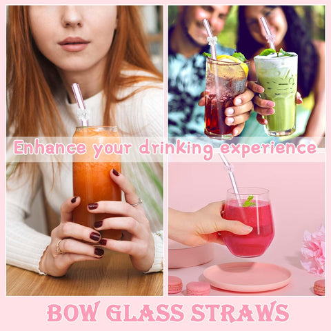 Packaging shows six pink bow glass straws and brushes for gifting.