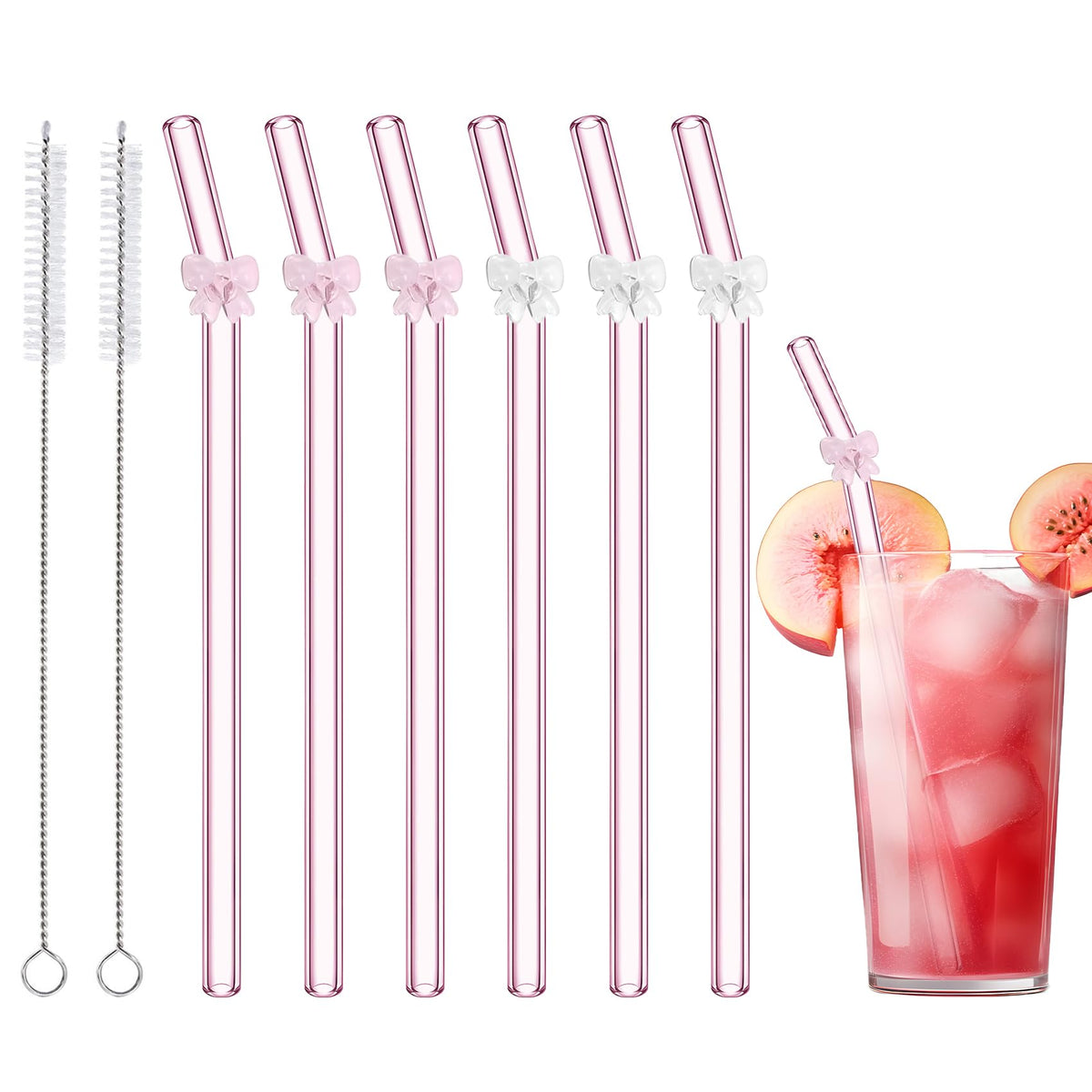 Eremaoy pink bow glass straw 7.9in, eco-friendly smoothie use.