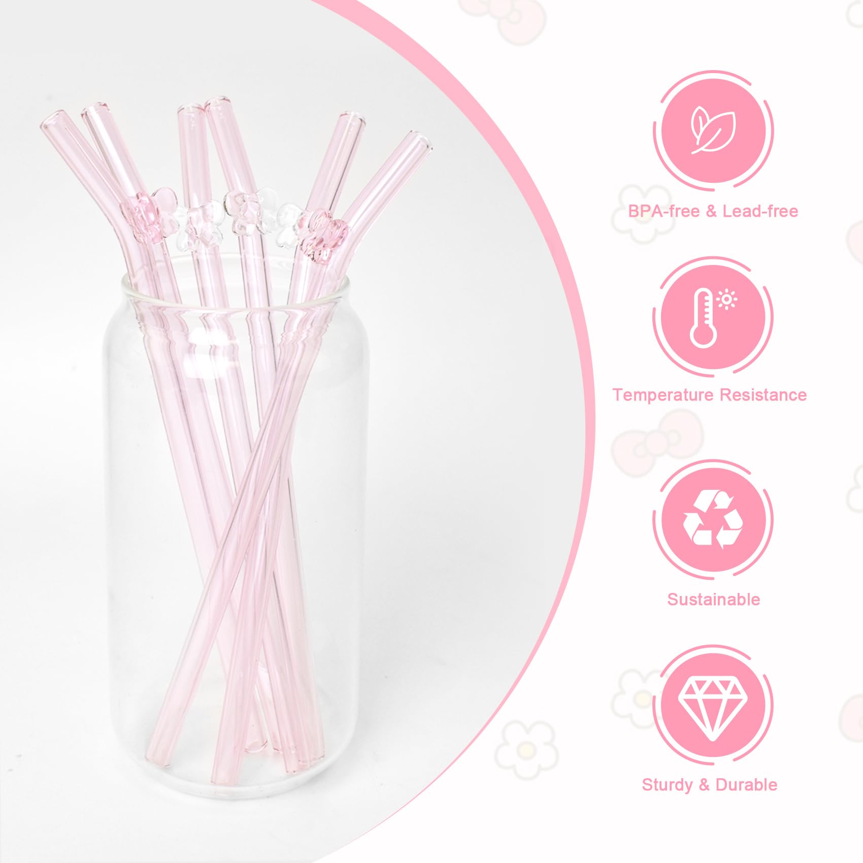 Eremaoy pink bow glass straw in hot coffee, heat resistant.