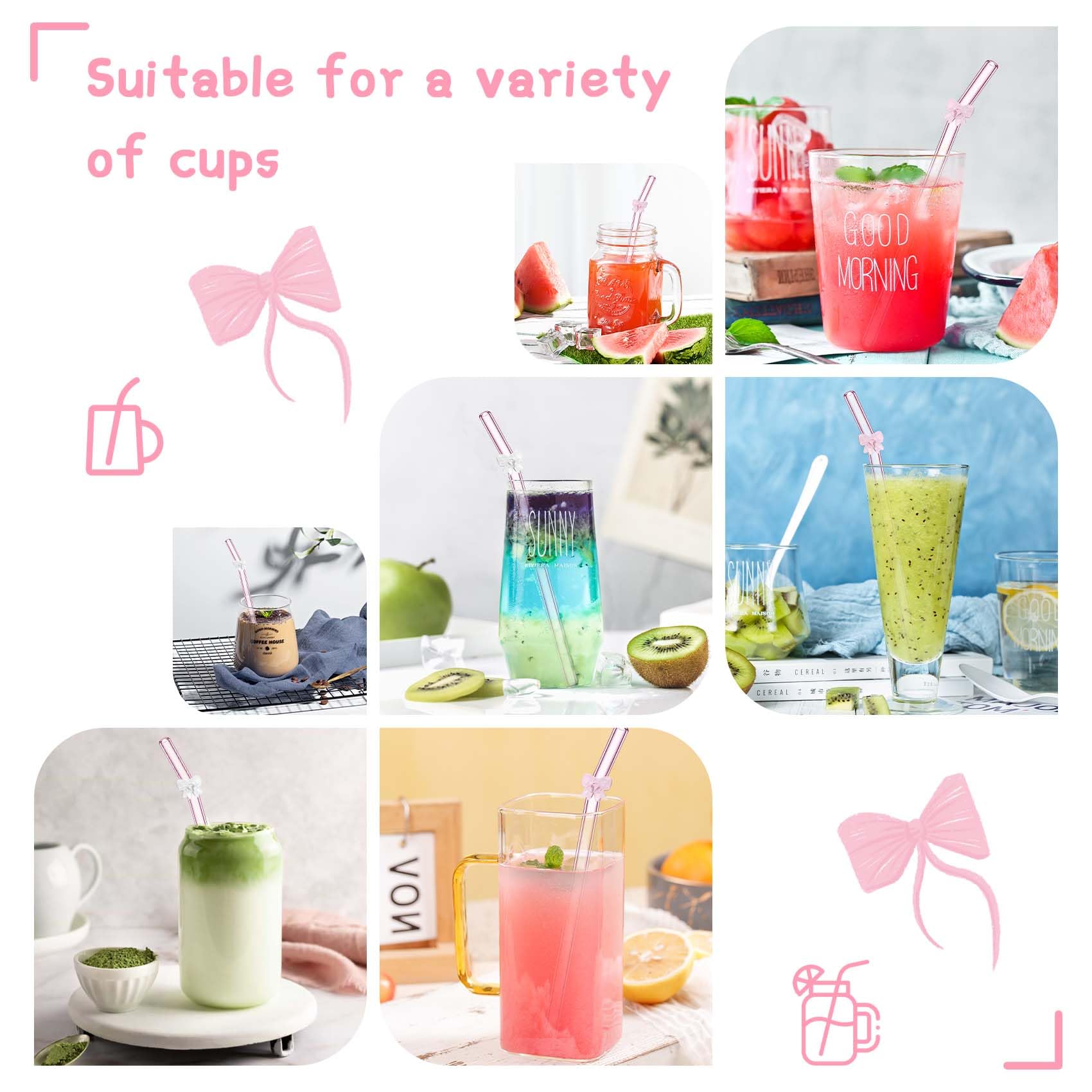 Eremaoy pink bow glass straw for smoothies or juices.
