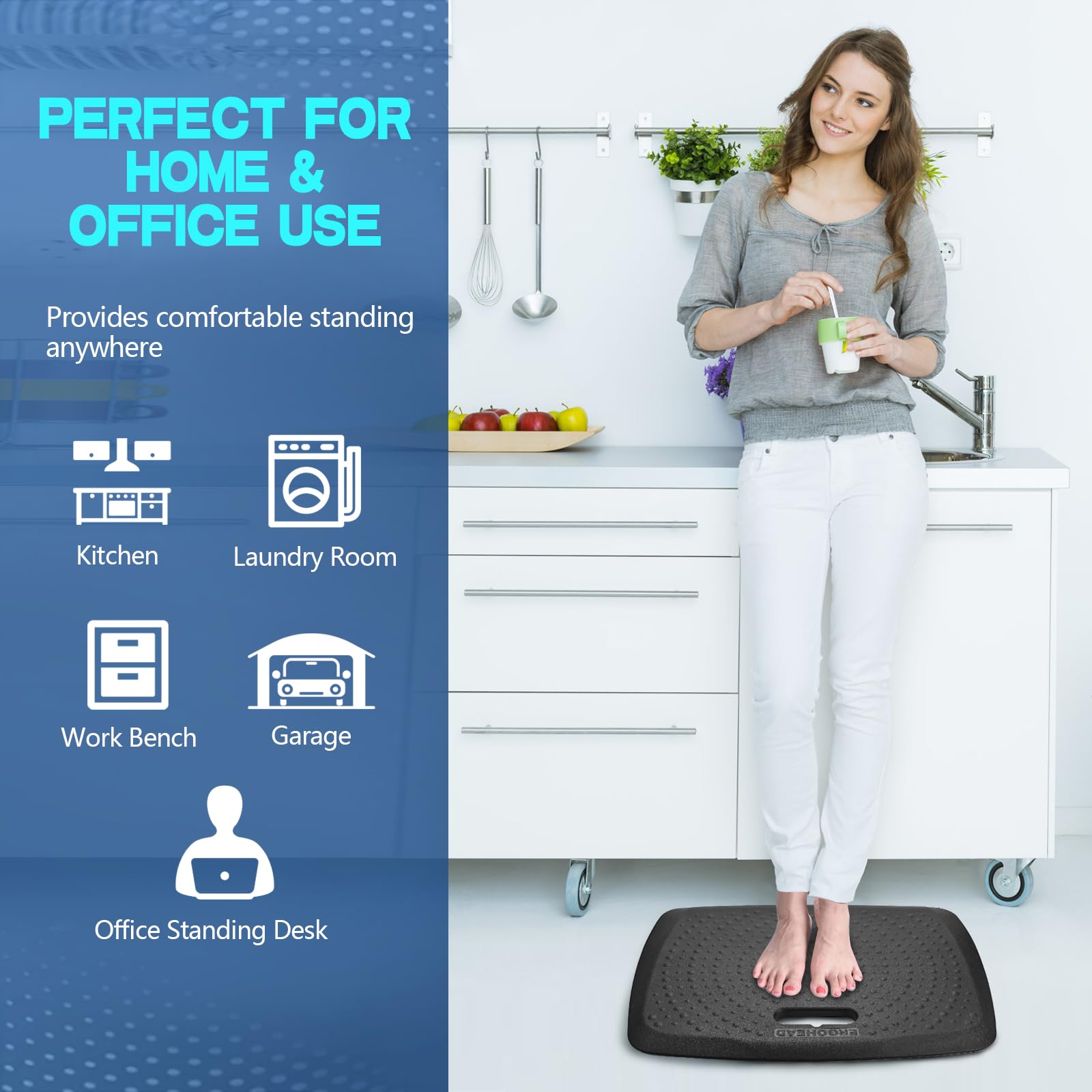Ergohead comfort mat in use during cooking and meal prep.