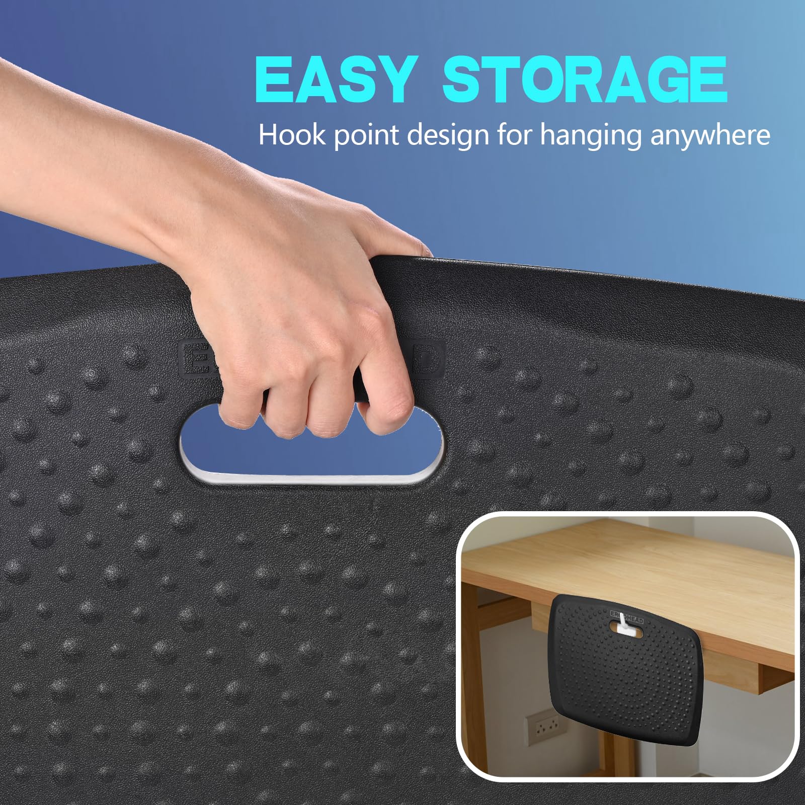 Ergohead portable mat beside a standing desk for flexible work.