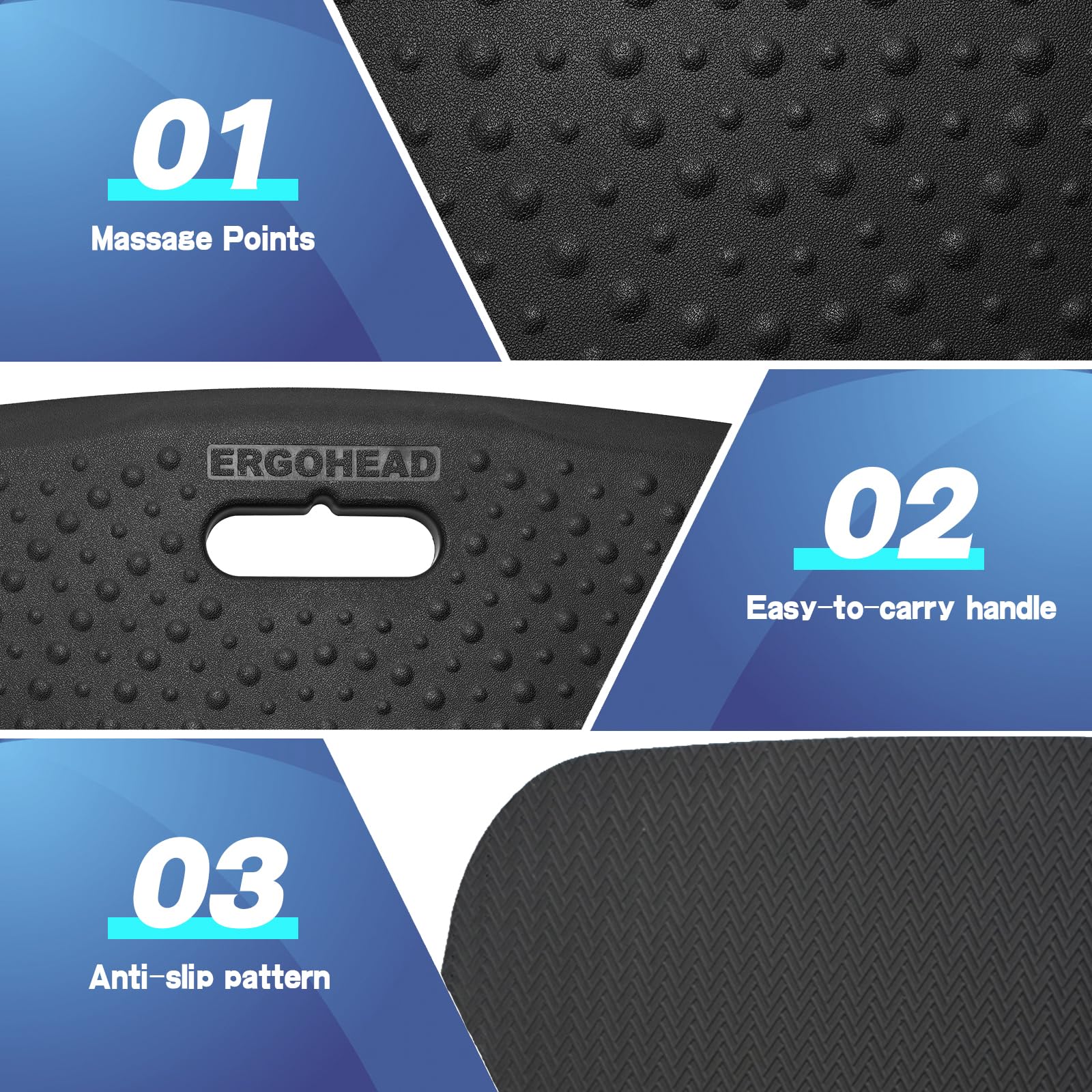 Ergohead portable standing desk mat with built-in handle for easy carrying.