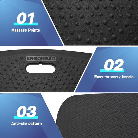 Ergohead portable standing desk mat with built-in handle for easy carrying.