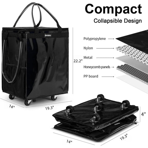EROBSKJ foldable rolling tote shown folded for compact storage and easy stowage