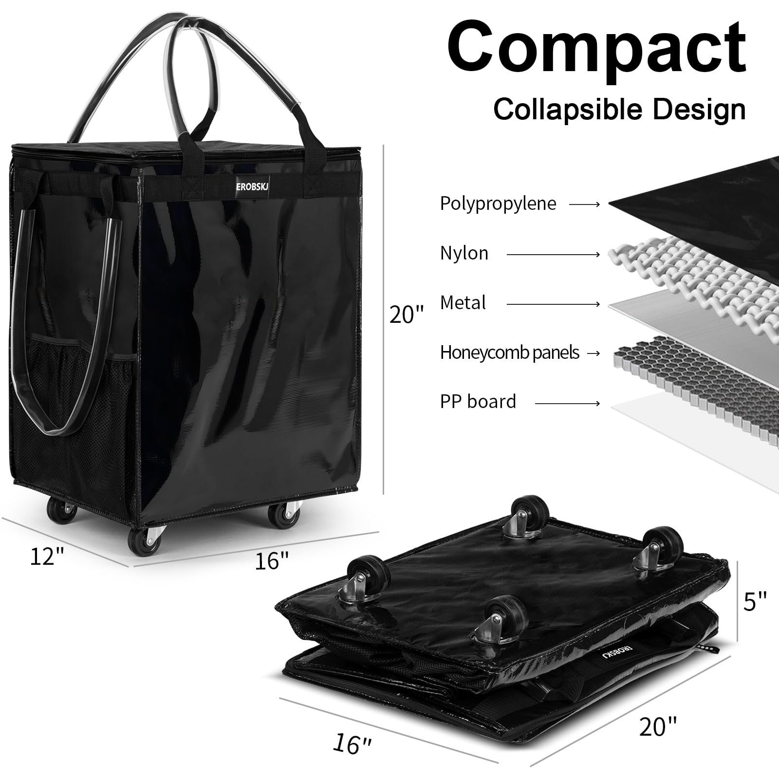 EROBSKJ rolling trolley supports 66 lbs groceries with smooth wheels