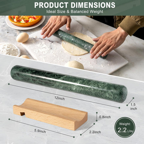 Erongoo green marble rolling pin with non-stick surface for smooth pastry and cookie dough.