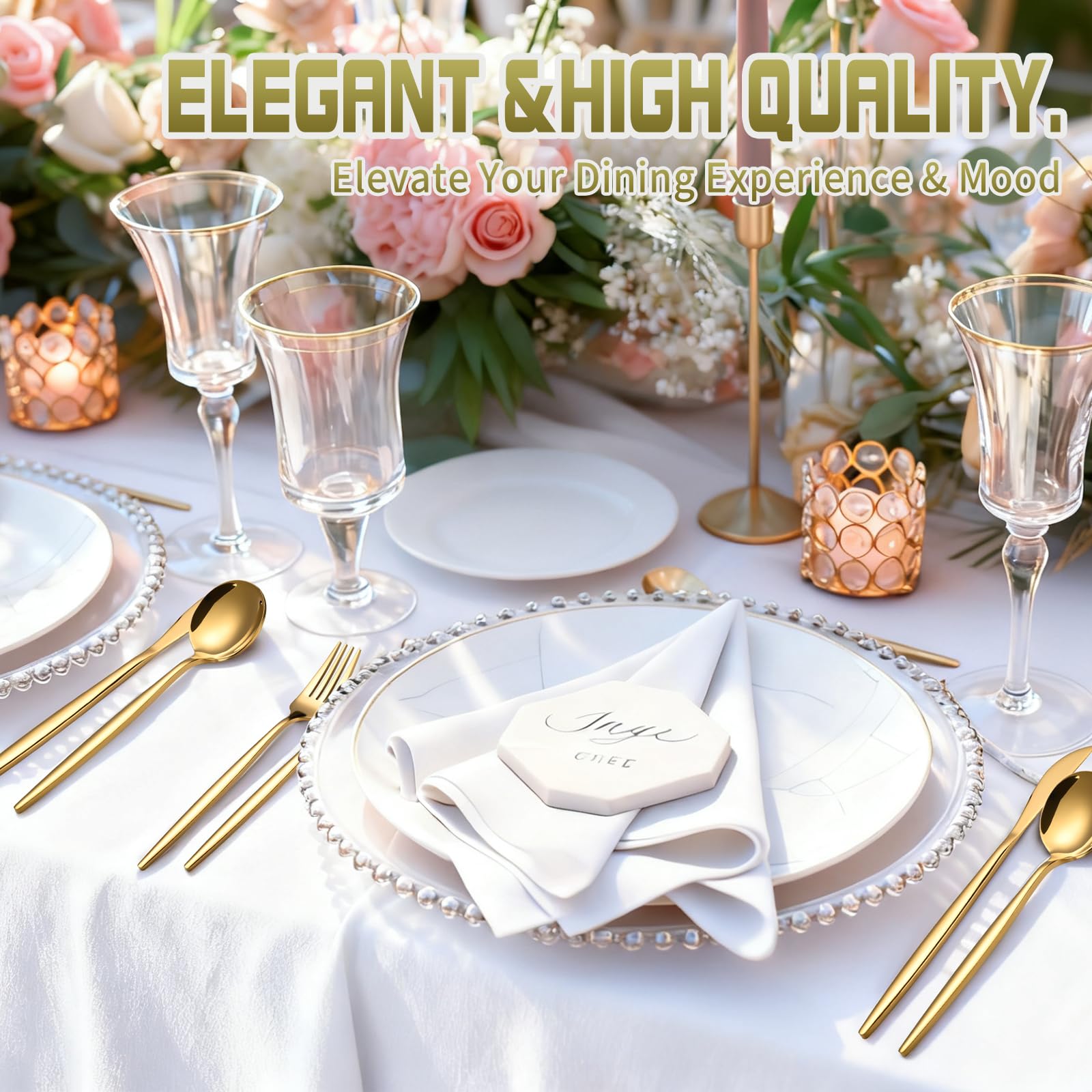ERVILO wedding table setting with gold flatware for elegant reception.