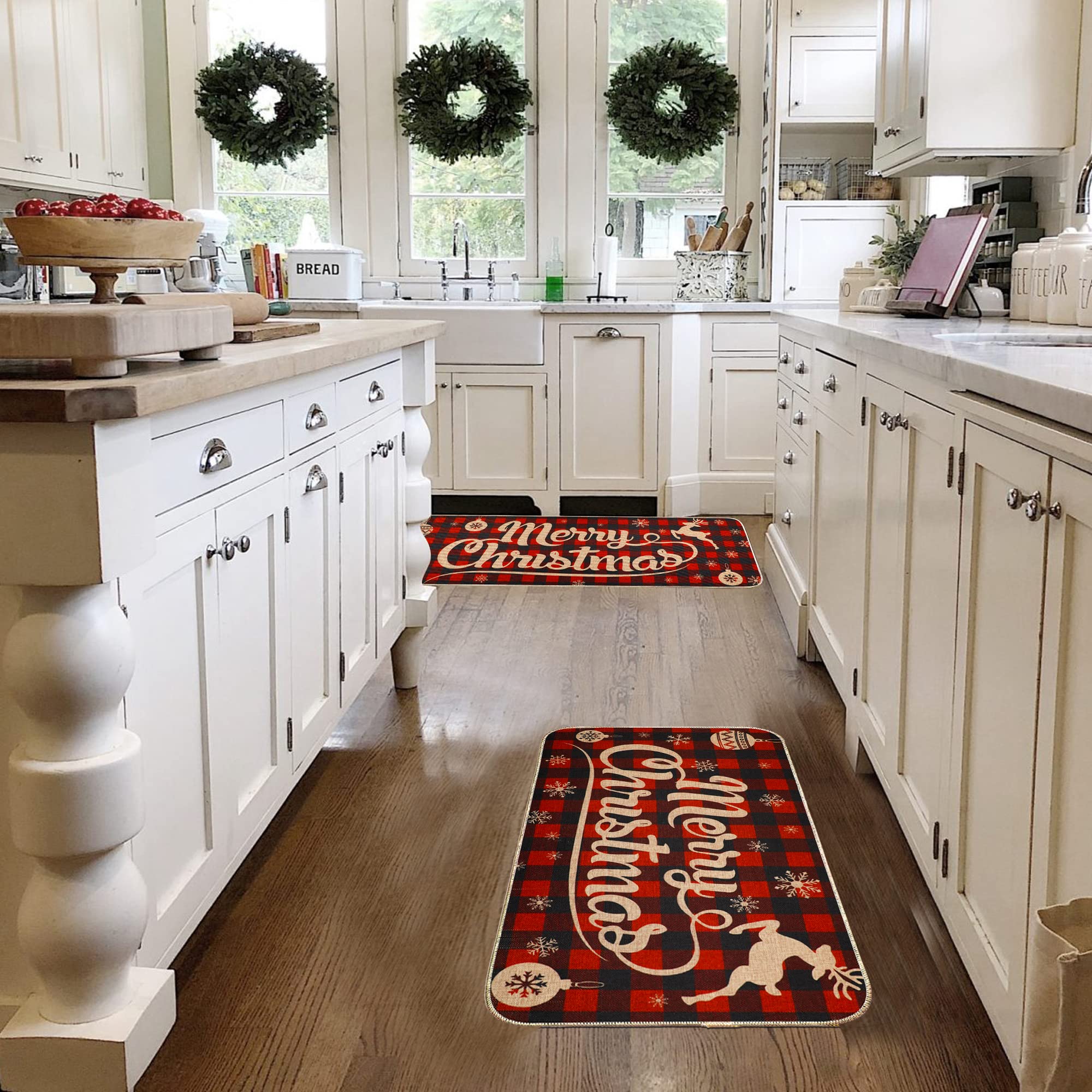 Erweicet Christmas kitchen rug featuring Merry Christmas lettering for warm kitchen ambiance.