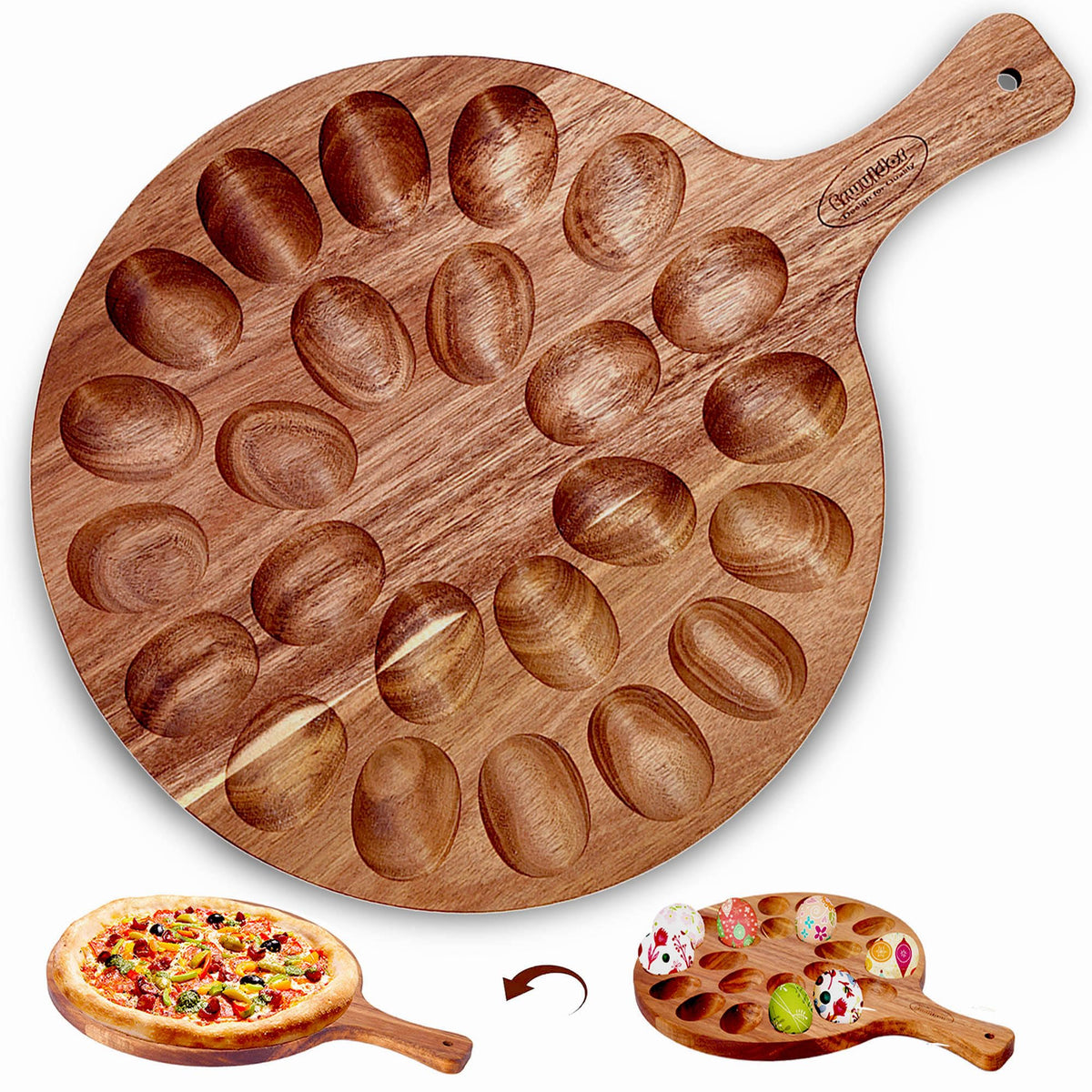 Erwuldor acacia wood deviled egg platter with 24 holes for elegant, organized servings.