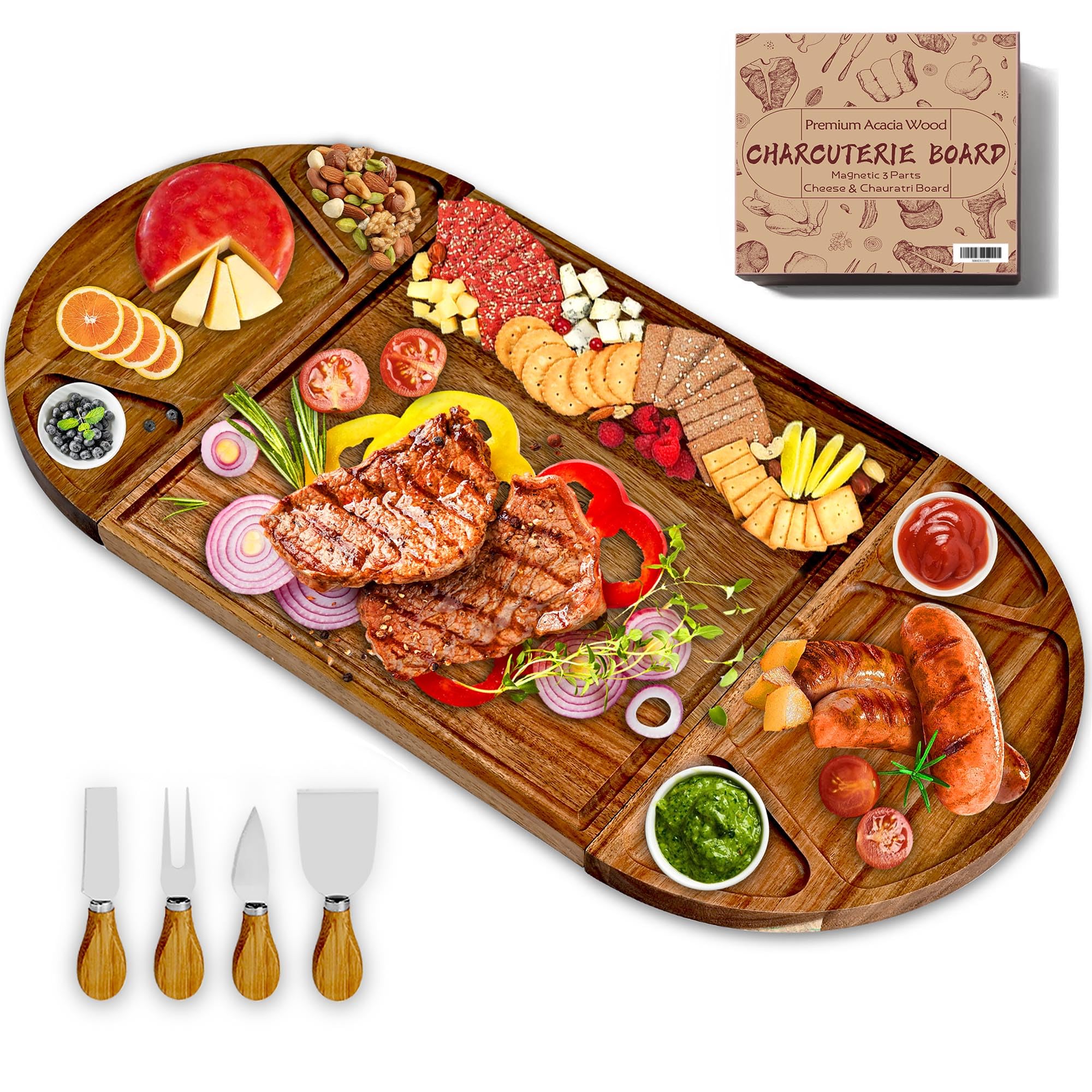 Erwuldor large acacia charcuterie square board with magnetic design for versatile layouts.