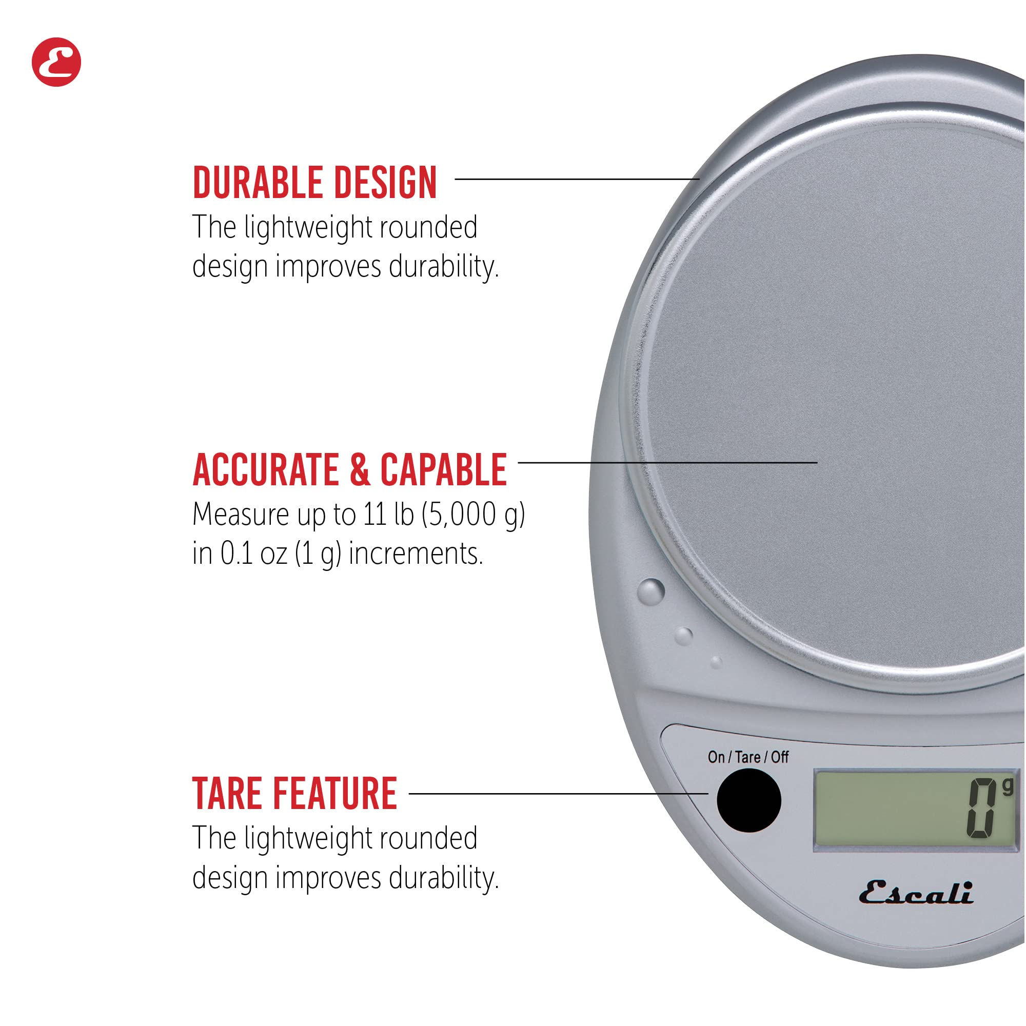 Escali Primo digital display shows weight in grams and ounces for precise bake prep.