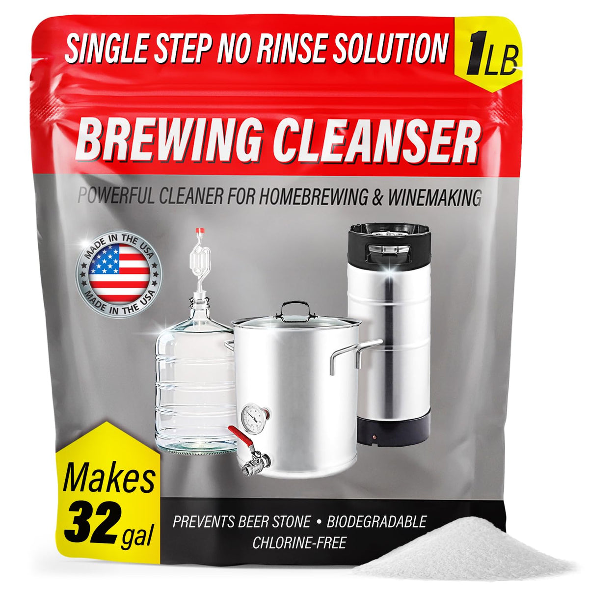 Escentile 1lb no-rinse brewing cleanser packaging for quick homebrew prep