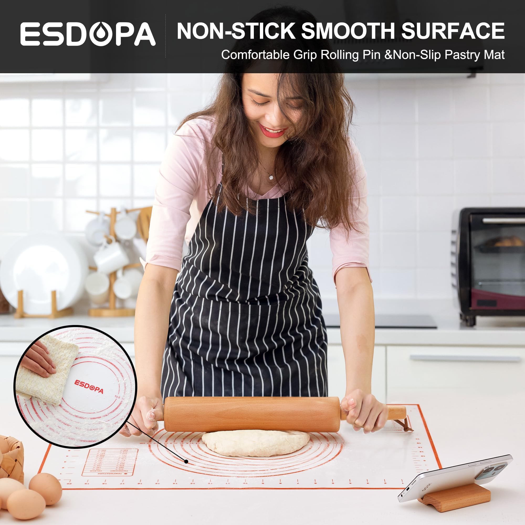 ESDOPA wooden base protects and holds the rolling pin during prep.