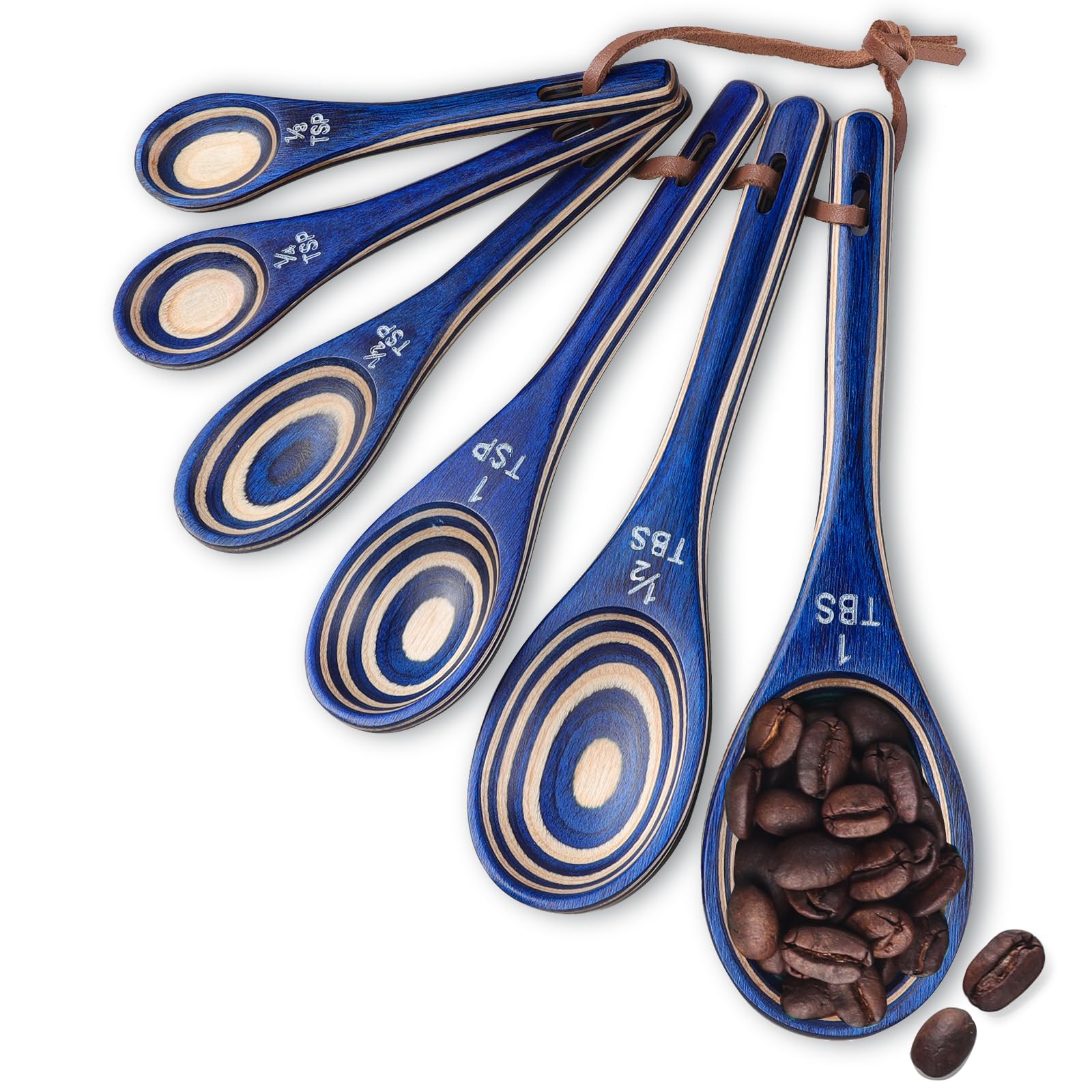 Esie Houzie measuring spoons set in navy blue, durable pakkawood for organized baking.