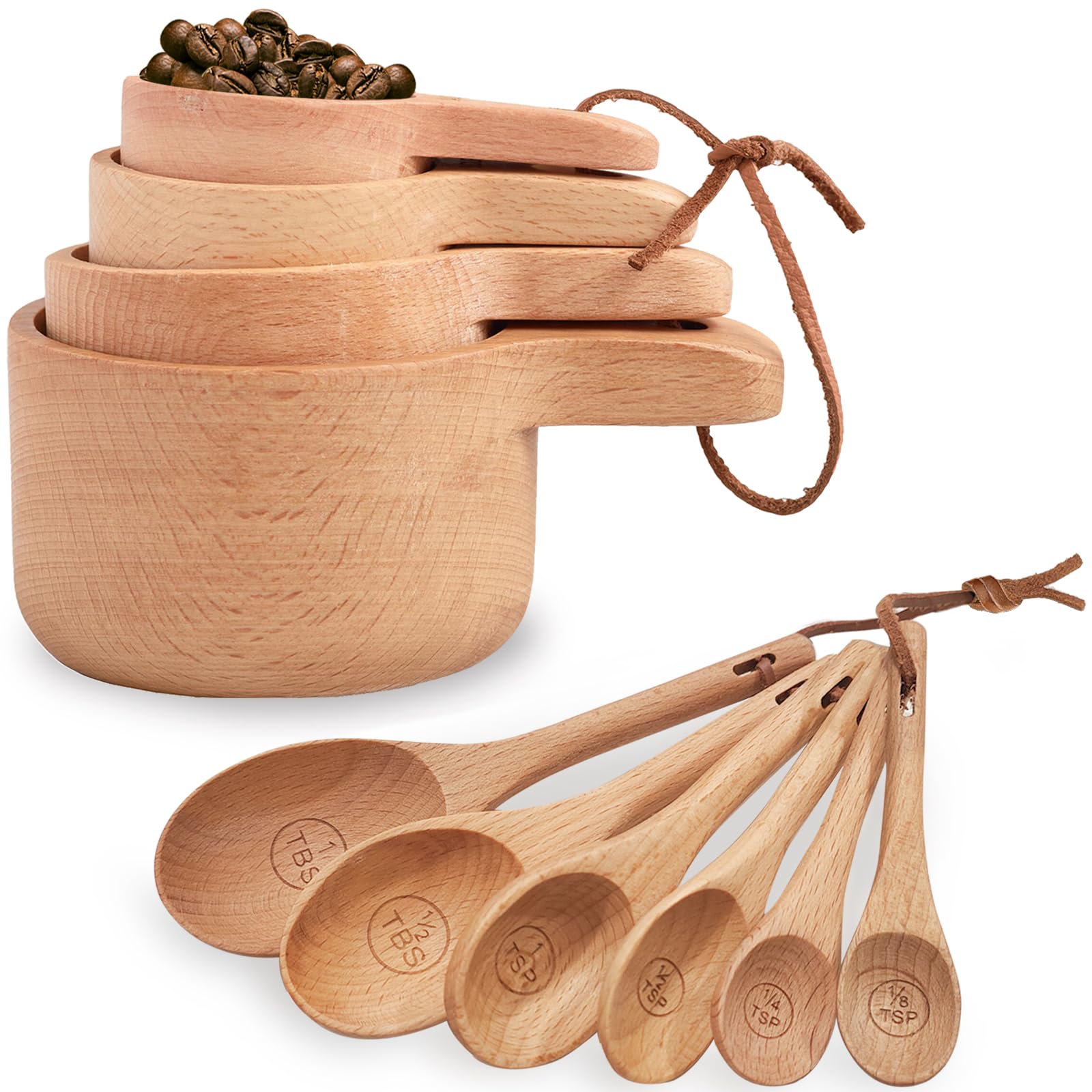 Esie Houzie wood measuring cups set for precise dry ingredient measurements.