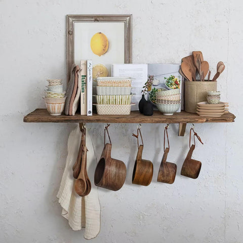Esie Houzie acacia wood measuring cups showing natural grain and rustic appeal