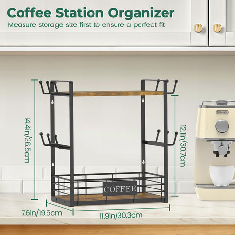 EsLuker.ly two-tier storage mug stand highlighting spacious shelves for coffee essentials