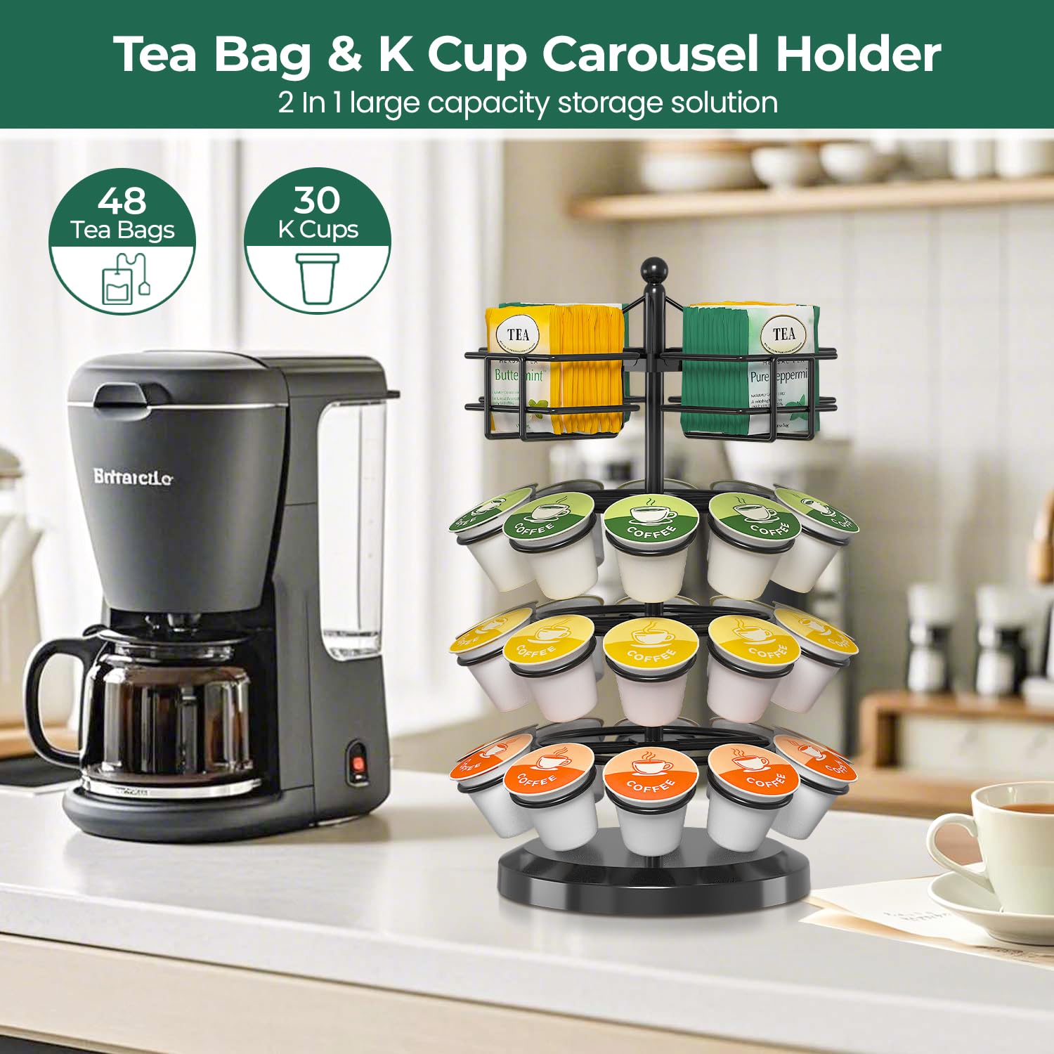 EsLuker.ly four-tier organizer for cups and tea bags saves counter space.