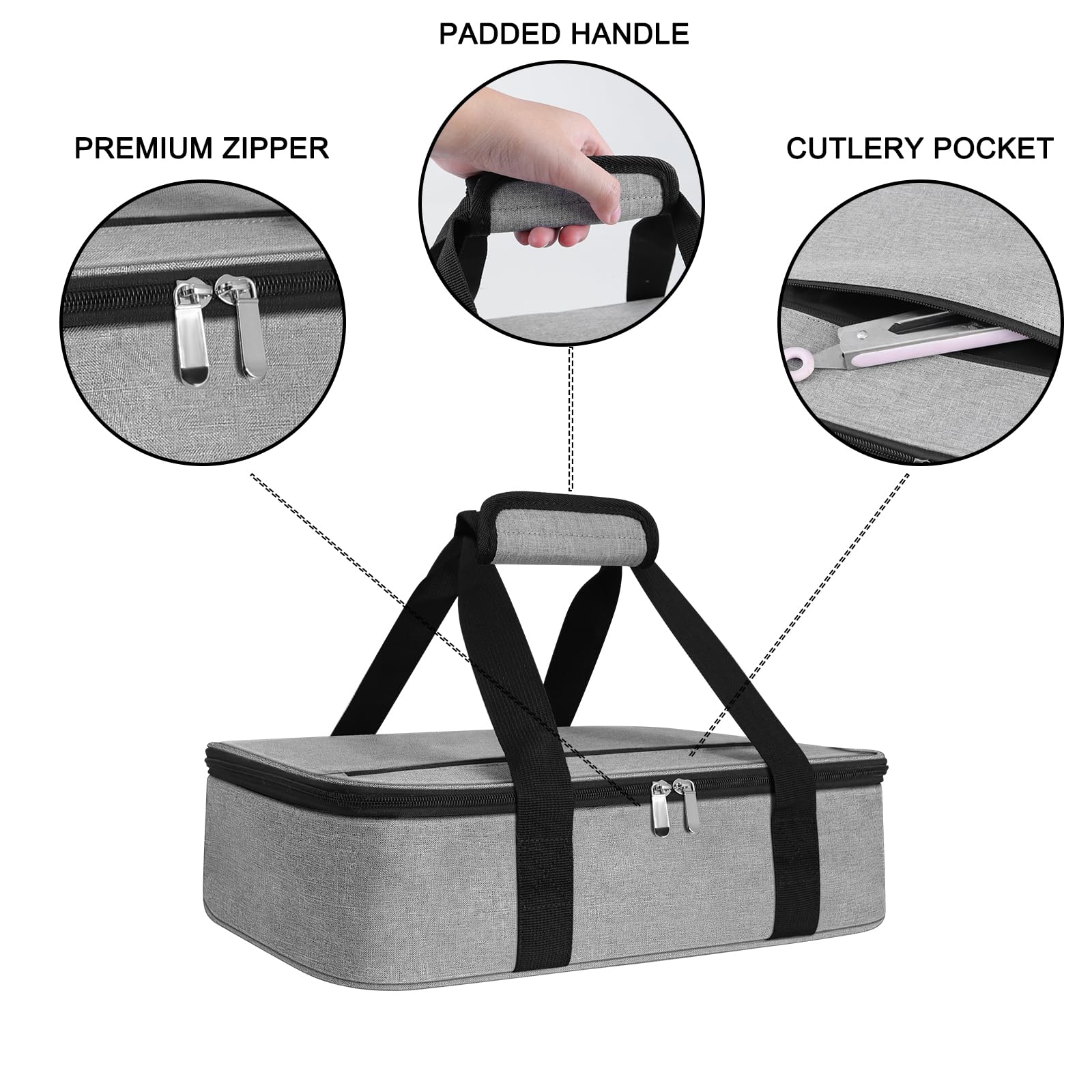 Esouler insulated casserole carrier top pocket keeps utensils and napkins handy