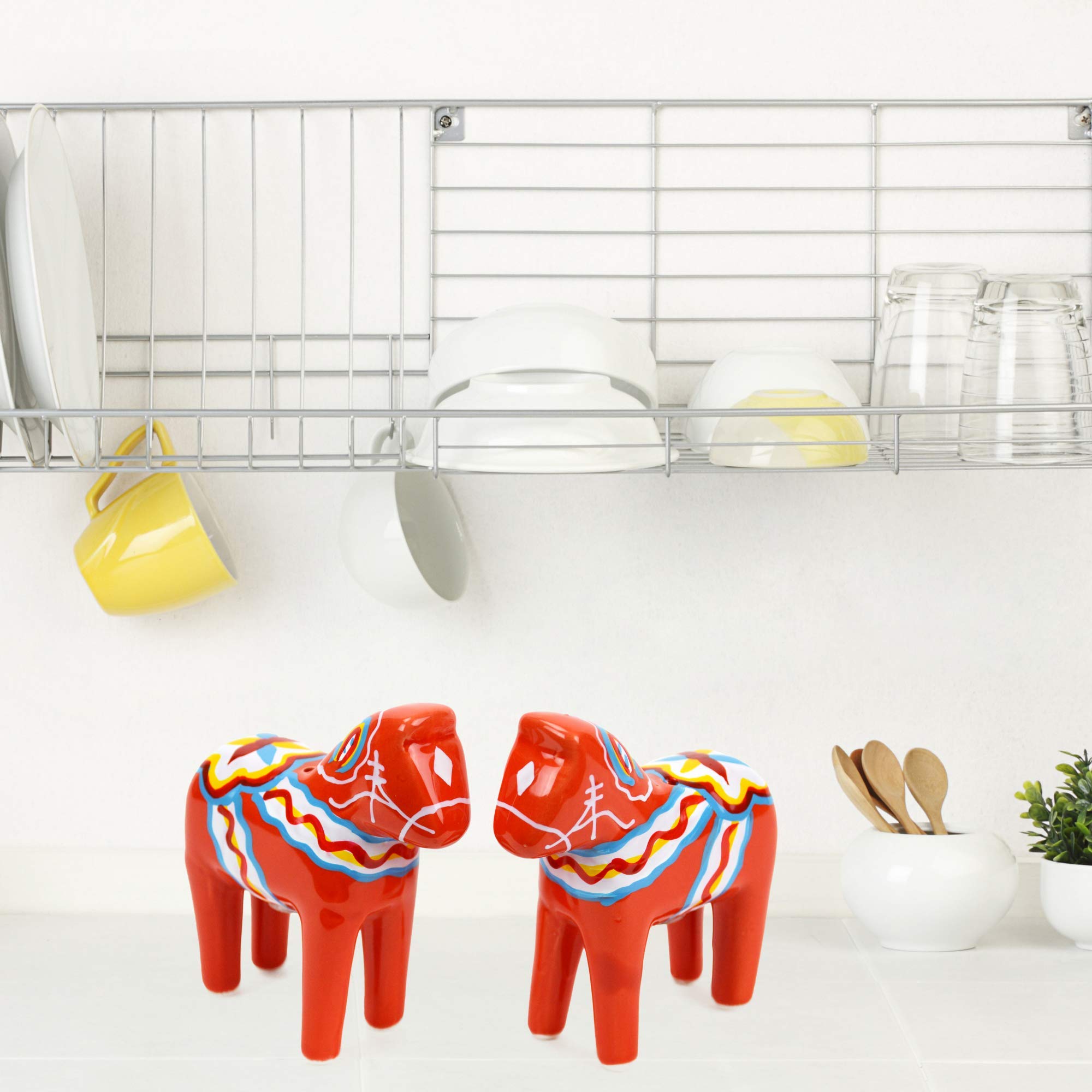 Essence of Europe Gifts orange red Swedish dala horse shakers add festive Nordic charm