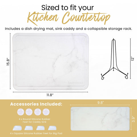 Essencoso diatomaceous-earth drying pad dries dishes quickly for a clean counter.