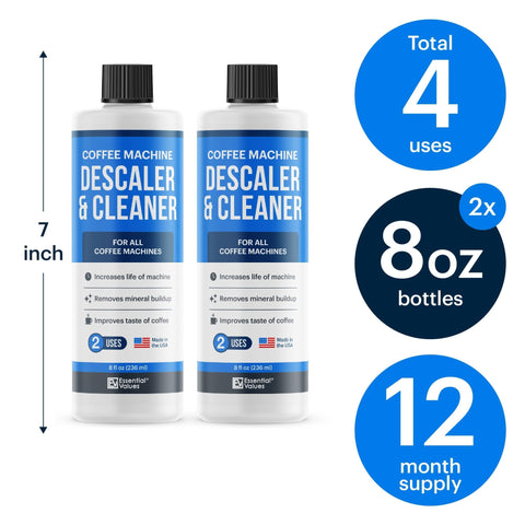 Essential Values descaling solution bottle-closeup shows recyclable packaging and eco-friendly design.