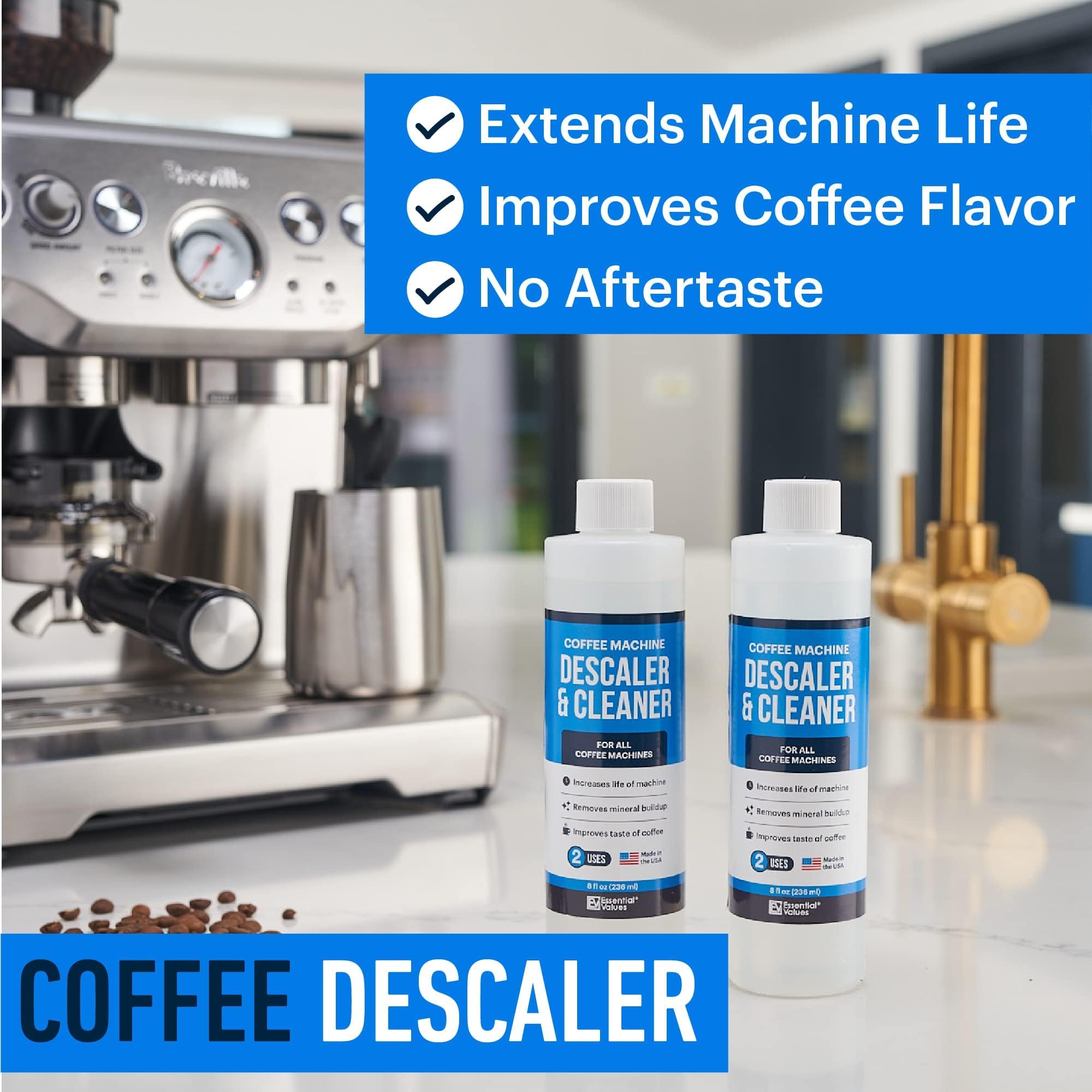 Essential Values descaling solution bottle label close-up highlights citric acid formula.