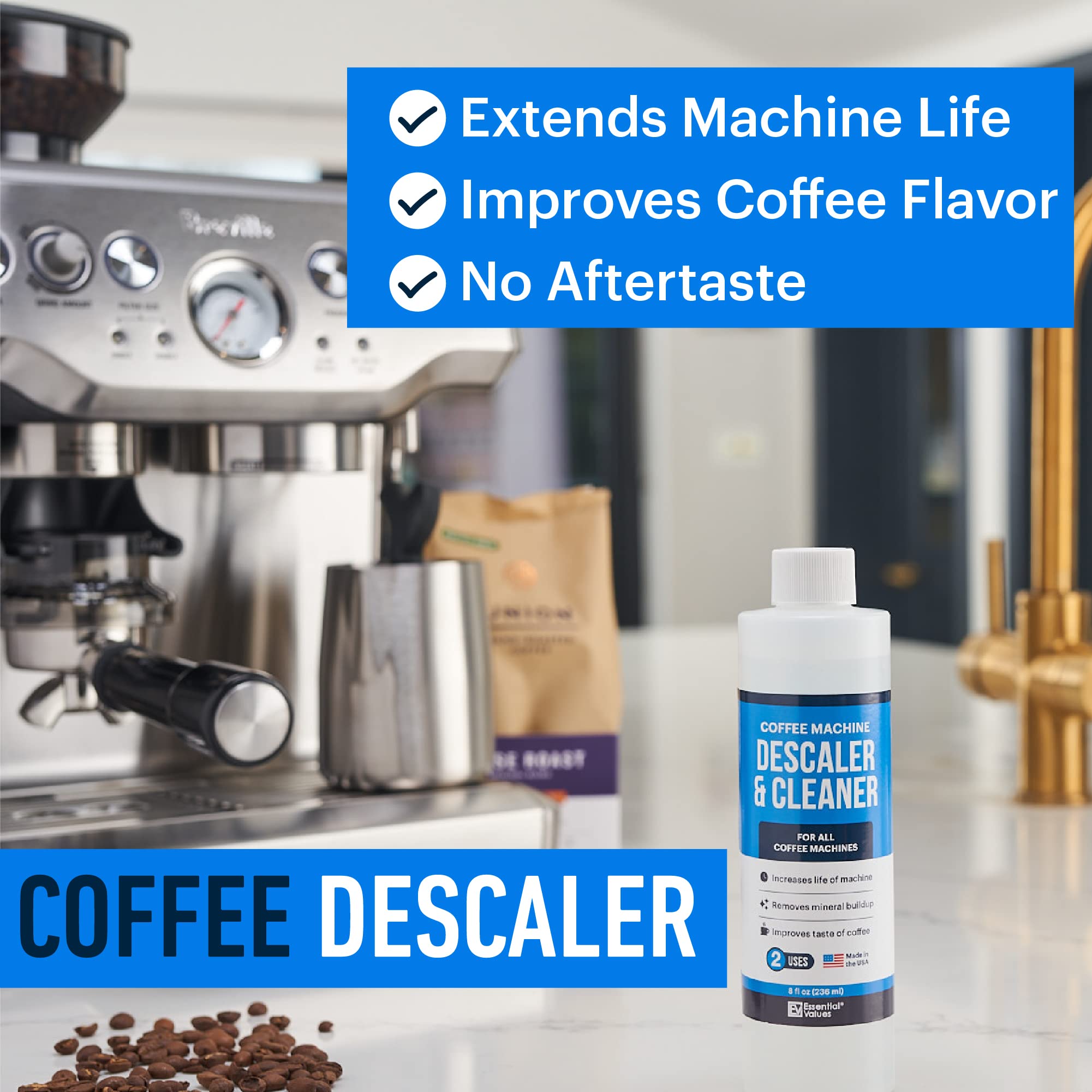 Essential Values descaling solution bottle pour demonstrates mineral removal