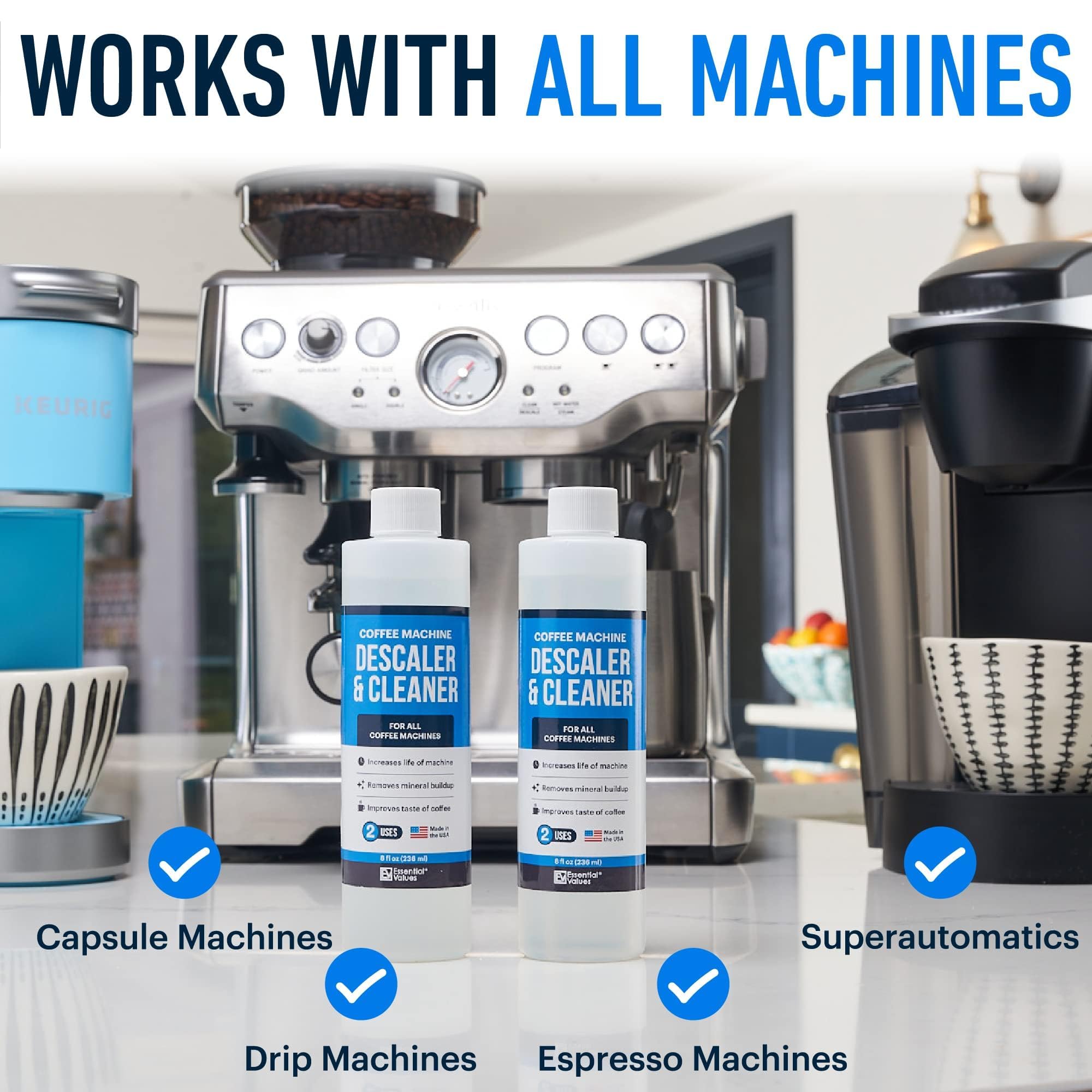 Essential Values descaling solution multi-brand compatibility icon illustration emphasizes broad appliance compatibility.