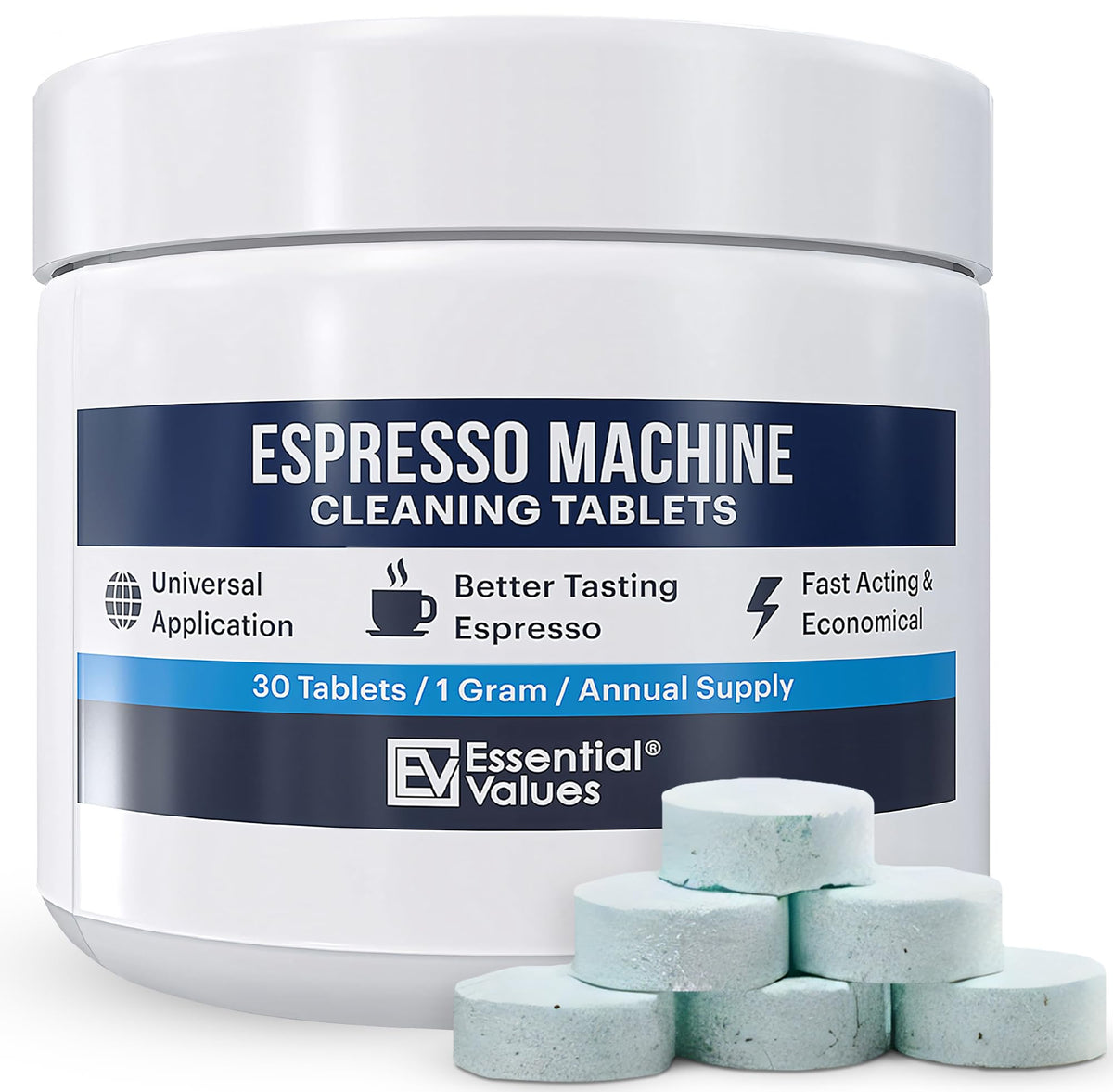 Essential Values espresso tablets packaging shows brand logo and freshness seal.
