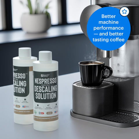 Essential Values Nespresso descaler 2pack box emphasizes value and extended maintenance